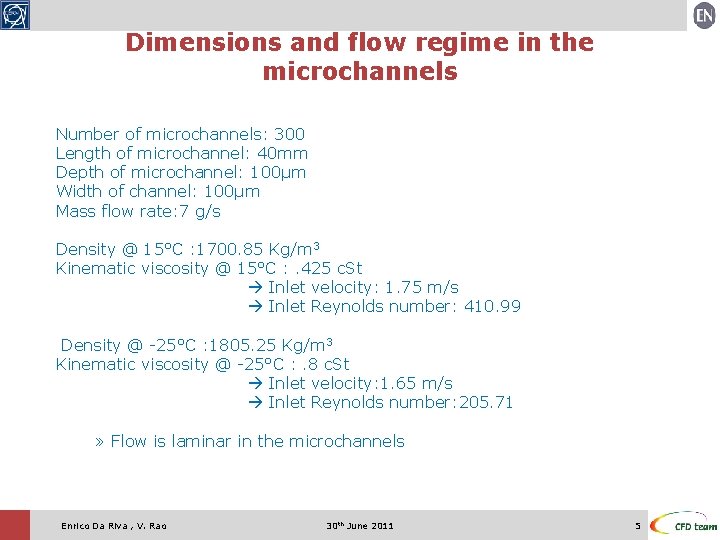 Dimensions and flow regime in the microchannels Number of microchannels: 300 Length of microchannel: Dimensions and flow regime in the microchannels Number of microchannels: 300 Length of microchannel: