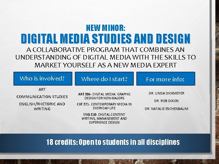 NEW MINOR: DIGITAL MEDIA STUDIES AND DESIGN A COLLABORATIVE PROGRAM THAT COMBINES AN UNDERSTANDING