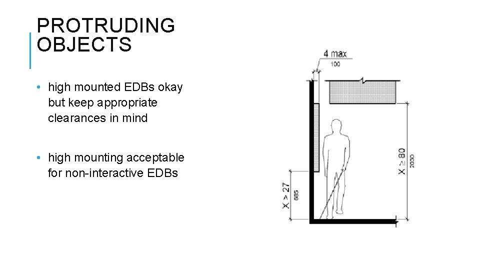 PROTRUDING OBJECTS • high mounted EDBs okay but keep appropriate clearances in mind • PROTRUDING OBJECTS • high mounted EDBs okay but keep appropriate clearances in mind •
