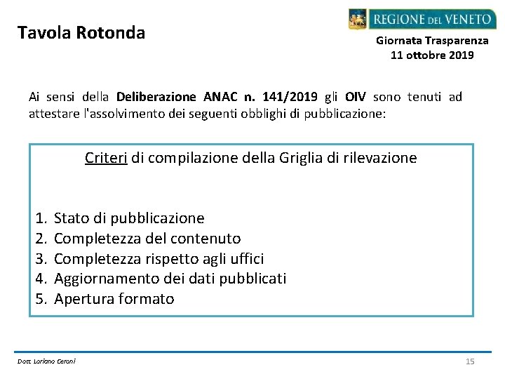 Tavola Rotonda Giornata Trasparenza 11 ottobre 2019 Ai sensi della Deliberazione ANAC n. 141/2019