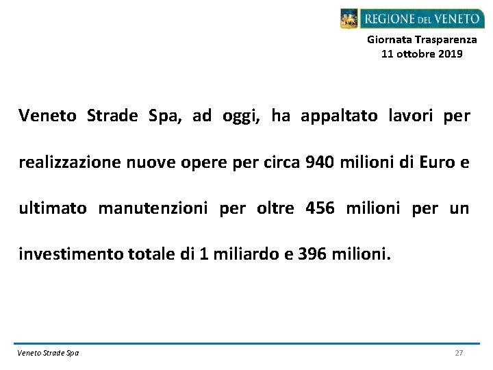 Giornata Trasparenza 11 ottobre 2019 Veneto Strade Spa, ad oggi, ha appaltato lavori per