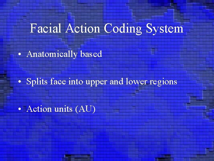Facial Action Coding System • Anatomically based • Splits face into upper and lower