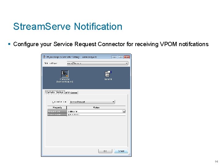 Stream. Serve Notification § Configure your Service Request Connector for receiving VPOM notifcations 14