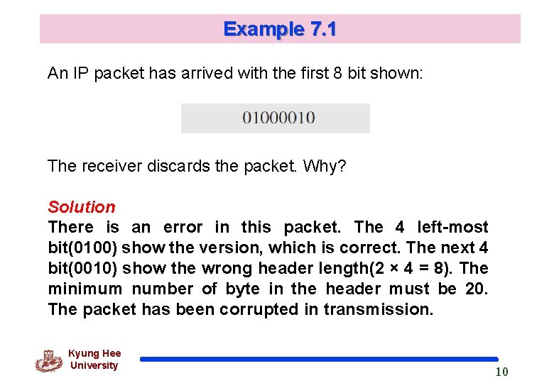 Example 7. 1 An IP packet has arrived with the first 8 bit shown: