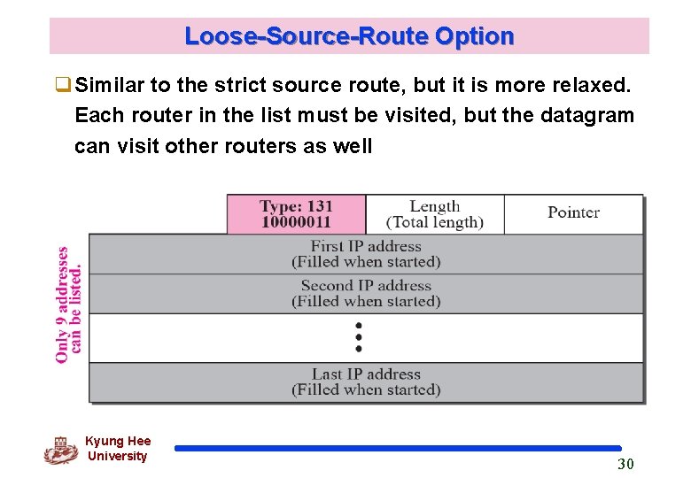 Loose-Source-Route Option q. Similar to the strict source route, but it is more relaxed.