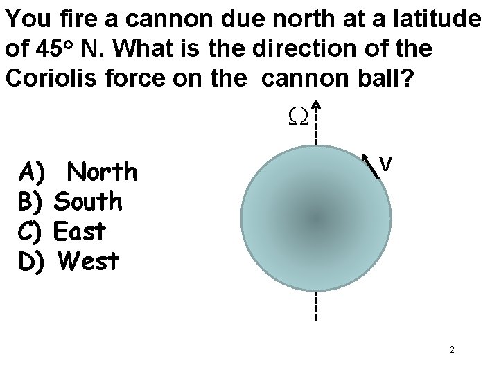 You fire a cannon due north at a latitude of 45 o N. What You fire a cannon due north at a latitude of 45 o N. What