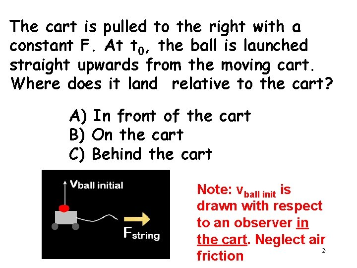 The cart is pulled to the right with a constant F. At t 0, The cart is pulled to the right with a constant F. At t 0,