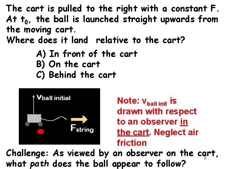 The cart is pulled to the right with a constant F. At t 0, The cart is pulled to the right with a constant F. At t 0,