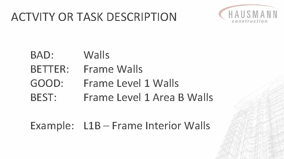 ACTVITY OR TASK DESCRIPTION BAD: BETTER: GOOD: BEST: Walls Frame Level 1 Area B