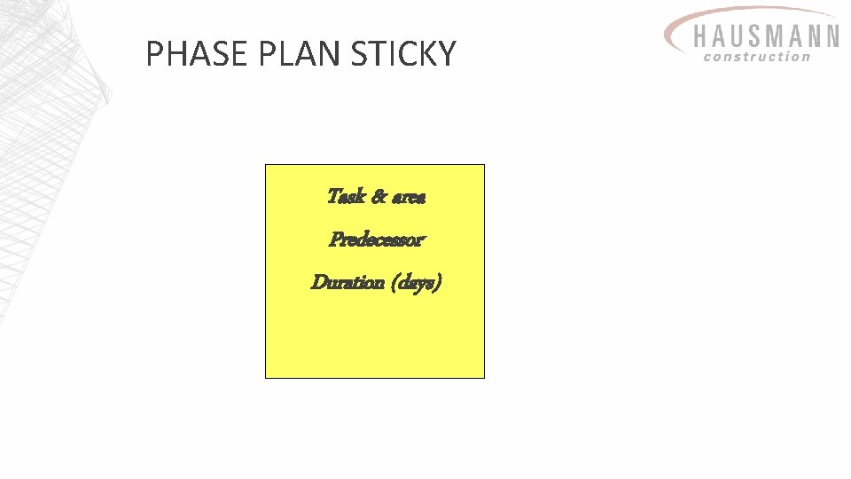 PHASE PLAN STICKY Task & area Predecessor Duration (days) 