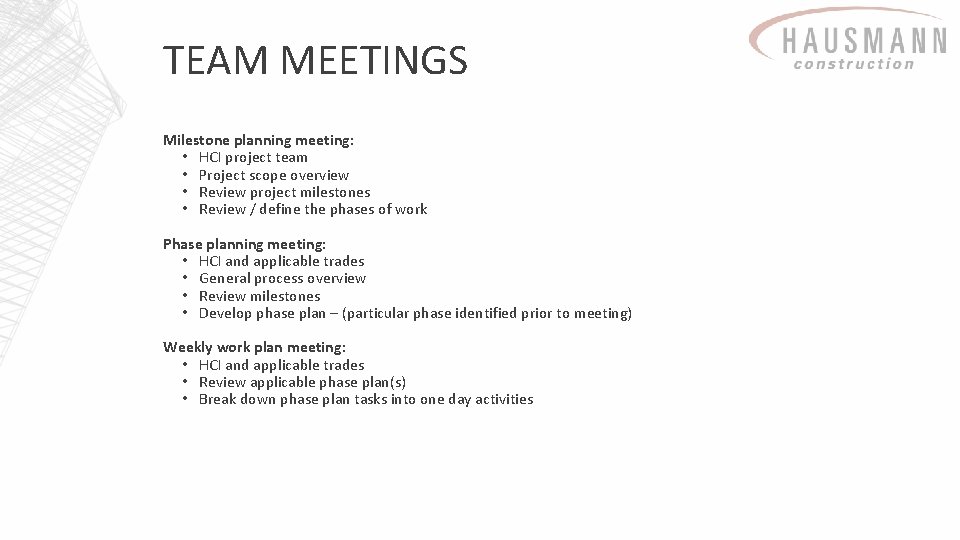 TEAM MEETINGS Milestone planning meeting: • HCI project team • Project scope overview •