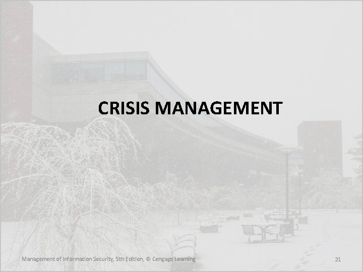 CRISIS MANAGEMENT Management of Information Security, 5 th Edition, © Cengage Learning 21 