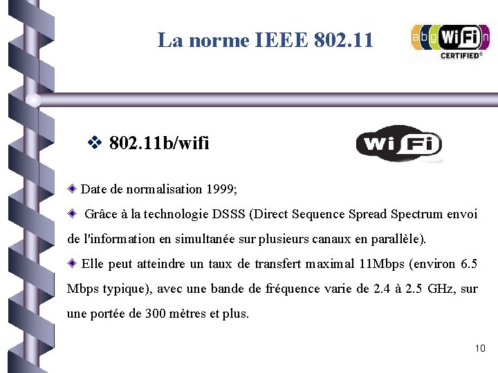 La norme IEEE 802. 11 v 802. 11 b/wifi Date de normalisation 1999; Grâce