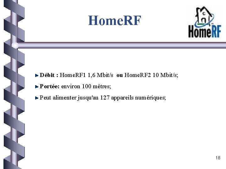 Home. RF Débit : Home. RF 1 1, 6 Mbit/s ou Home. RF 2
