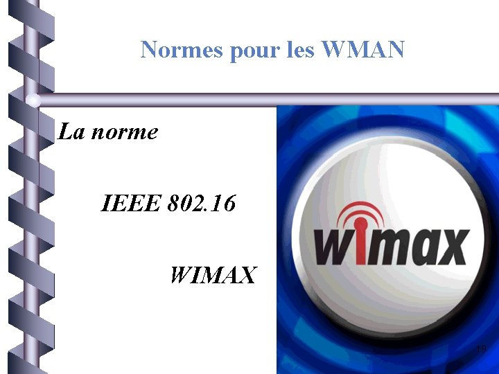 Normes pour les WMAN La norme IEEE 802. 16 WIMAX 19 