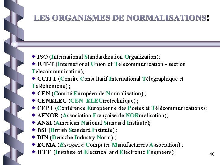  ISO (International Standardization Organization); IUT-T (International Union of Telecommunication - section Telecommunication); CCITT