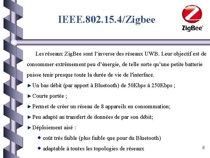 IEEE. 802. 15. 4/Zigbee Les réseaux Zig. Bee sont l’inverse des réseaux UWB. Leur