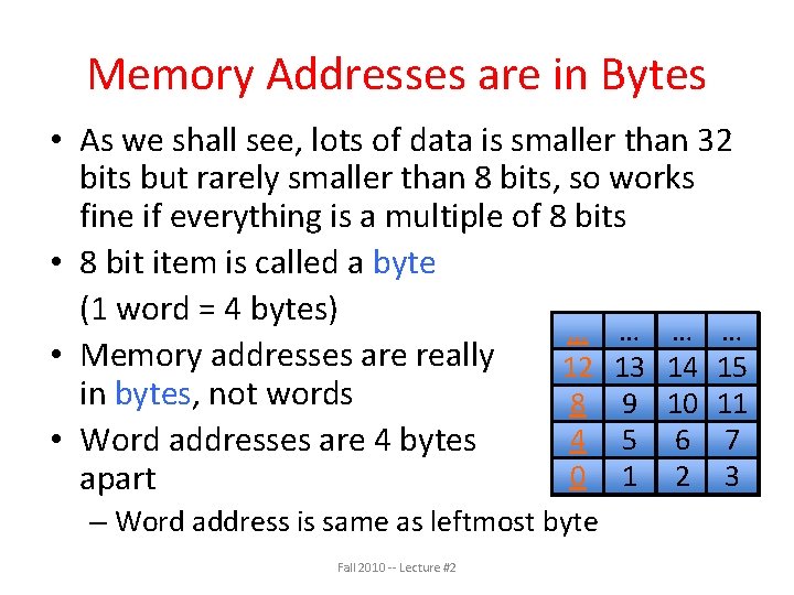 Memory Addresses are in Bytes • As we shall see, lots of data is