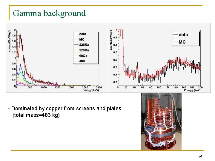 Gamma background - Dominated by copper from screens and plates (total mass=483 kg) 24