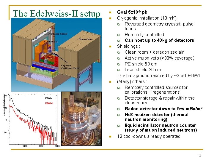 The Edelweiss-II setup n n n Goal 5 x 10 -9 pb Cryogenic installation