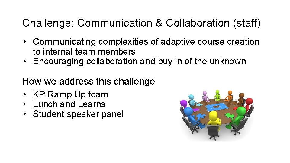 Challenge: Communication & Collaboration (staff) • Communicating complexities of adaptive course creation to internal