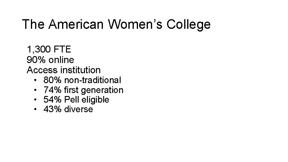 The American Women’s College 1, 300 FTE 90% online Access institution • • 80%