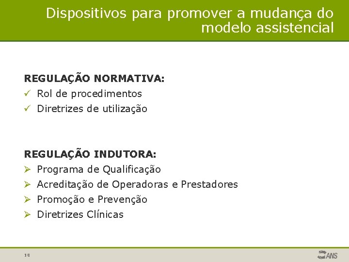 Dispositivos para promover a mudança do modelo assistencial REGULAÇÃO NORMATIVA: ü Rol de procedimentos Dispositivos para promover a mudança do modelo assistencial REGULAÇÃO NORMATIVA: ü Rol de procedimentos
