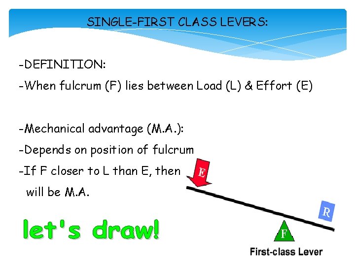 SINGLE-FIRST CLASS LEVERS: -DEFINITION: -When fulcrum (F) lies between Load (L) & Effort (E)