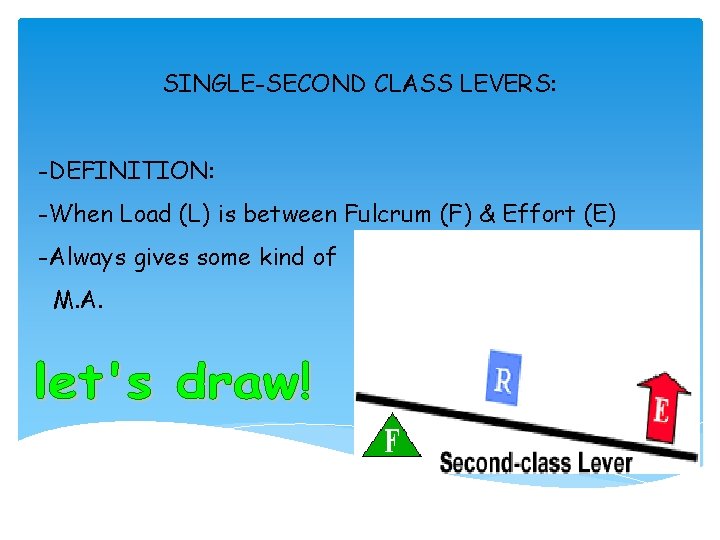 SINGLE-SECOND CLASS LEVERS: -DEFINITION: -When Load (L) is between Fulcrum (F) & Effort (E)