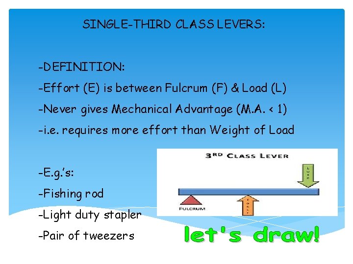 SINGLE-THIRD CLASS LEVERS: -DEFINITION: -Effort (E) is between Fulcrum (F) & Load (L) -Never