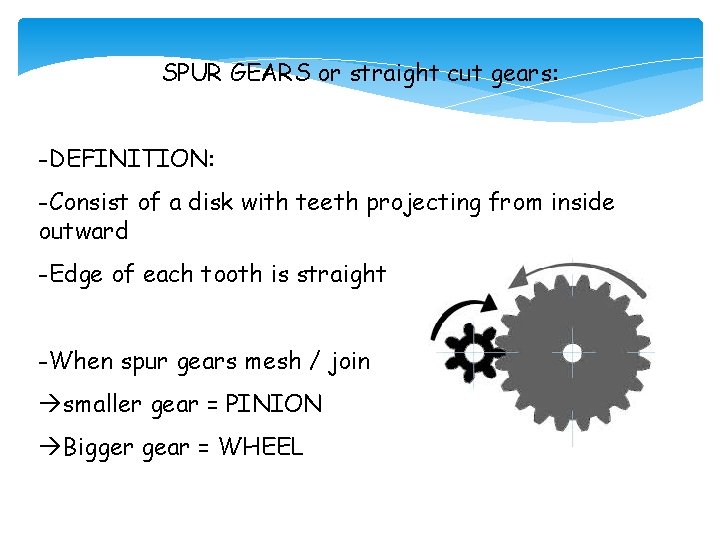 SPUR GEARS or straight cut gears: -DEFINITION: -Consist of a disk with teeth projecting