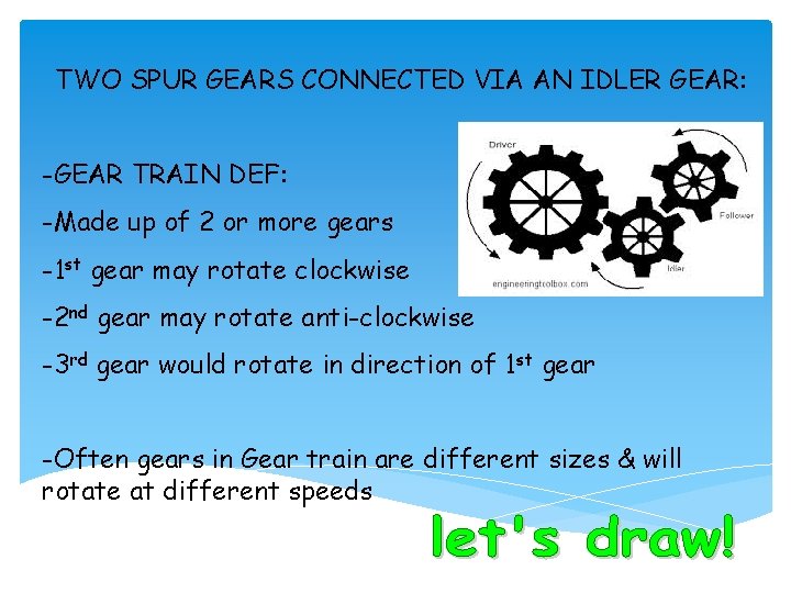 TWO SPUR GEARS CONNECTED VIA AN IDLER GEAR: -GEAR TRAIN DEF: -Made up of