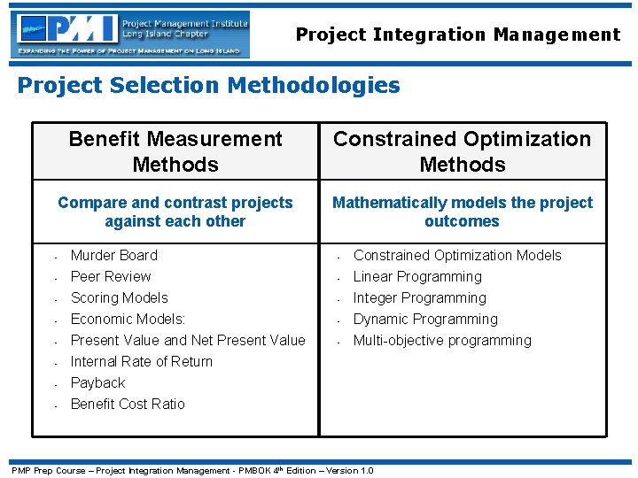 Project Integration Management Project Selection Methodologies Benefit Measurement Methods Constrained Optimization Methods Compare and