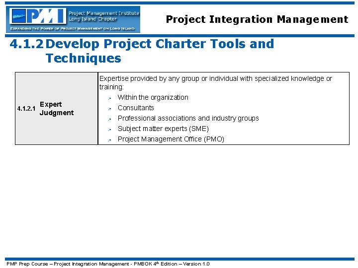 Project Integration Management 4. 1. 2 Develop Project Charter Tools and Techniques Expertise provided