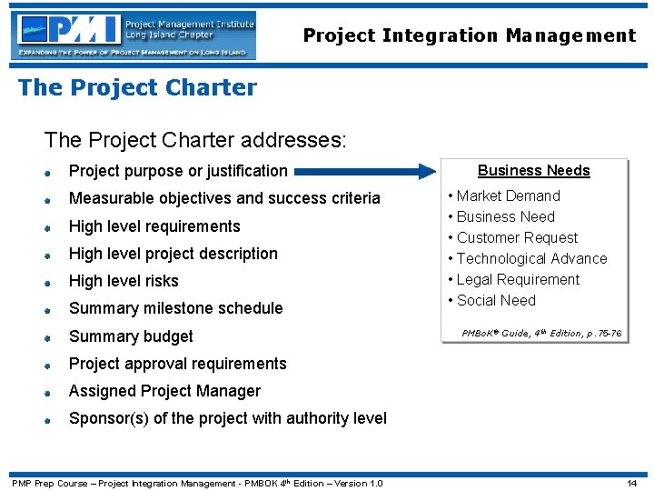 Project Integration Management The Project Charter addresses: Project purpose or justification Measurable objectives and