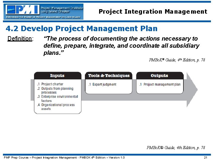 Project Integration Management 4. 2 Develop Project Management Plan Definition: “The process of documenting