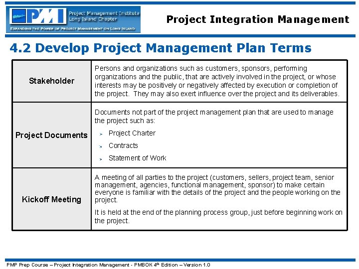Project Integration Management 4. 2 Develop Project Management Plan Terms Stakeholder Persons and organizations