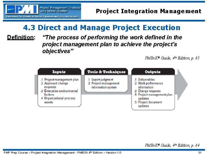 Project Integration Management 4. 3 Direct and Manage Project Execution Definition: “The process of