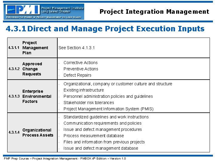 Project Integration Management 4. 3. 1 Direct and Manage Project Execution Inputs Project 4.
