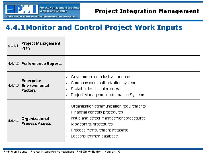 Project Integration Management 4. 4. 1 Monitor and Control Project Work Inputs 4. 4.