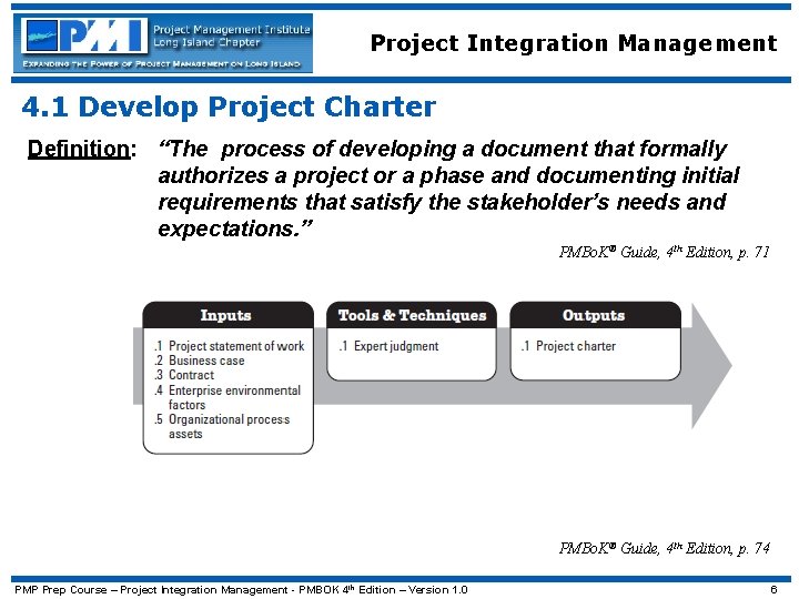 Project Integration Management 4. 1 Develop Project Charter Definition: “The process of developing a