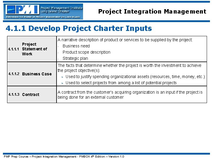 Project Integration Management 4. 1. 1 Develop Project Charter Inputs Project 4. 1. 1.