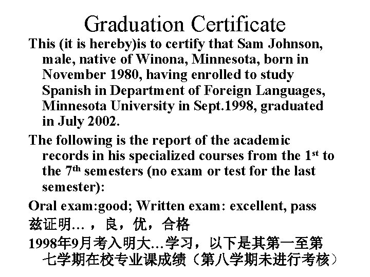 Graduation Certificate This (it is hereby)is to certify that Sam Johnson, male, native of