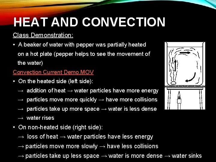 HEAT AND CONVECTION Class Demonstration: • A beaker of water with pepper was partially