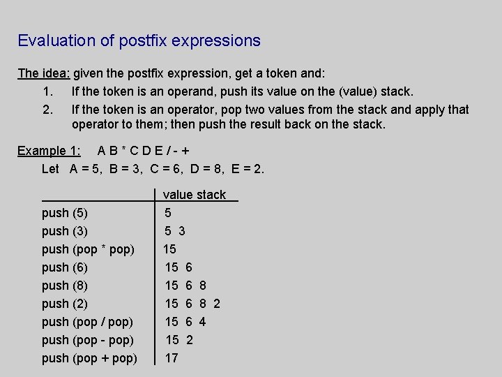 Evaluation of postfix expressions The idea: given the postfix expression, get a token and: