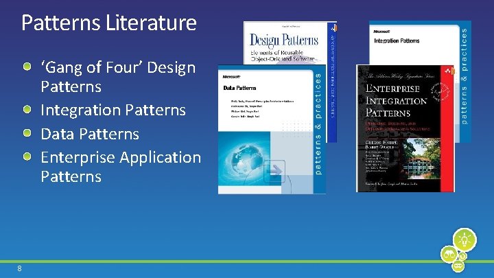 Patterns Literature ‘Gang of Four’ Design Patterns Integration Patterns Data Patterns Enterprise Application Patterns