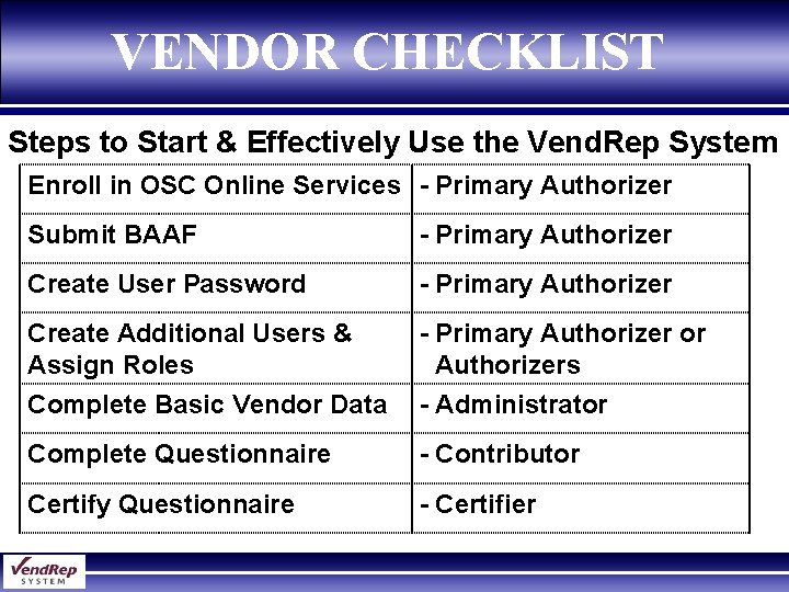 VENDOR CHECKLIST Steps to Start & Effectively Use the Vend. Rep System Enroll in