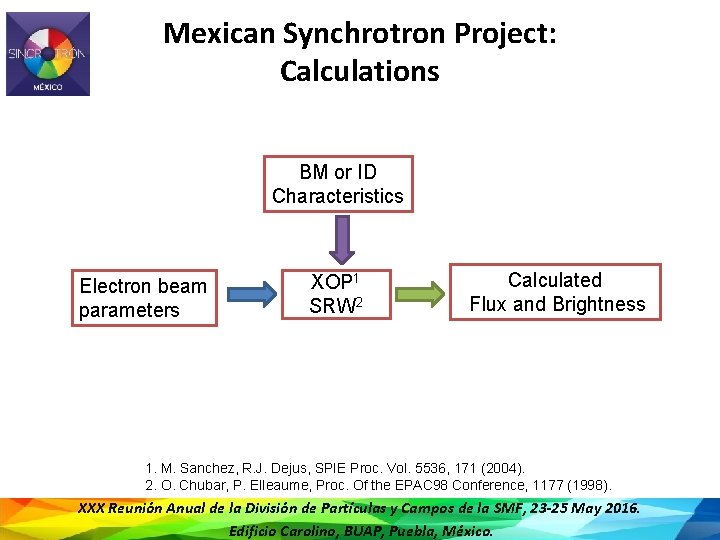 Mexican Synchrotron Project: Calculations BM or ID Characteristics Electron beam parameters XOP 1 SRW