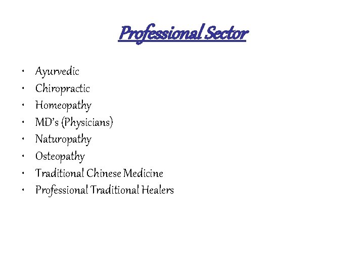 Professional Sector • • Ayurvedic Chiropractic Homeopathy MD’s (Physicians) Naturopathy Osteopathy Traditional Chinese Medicine