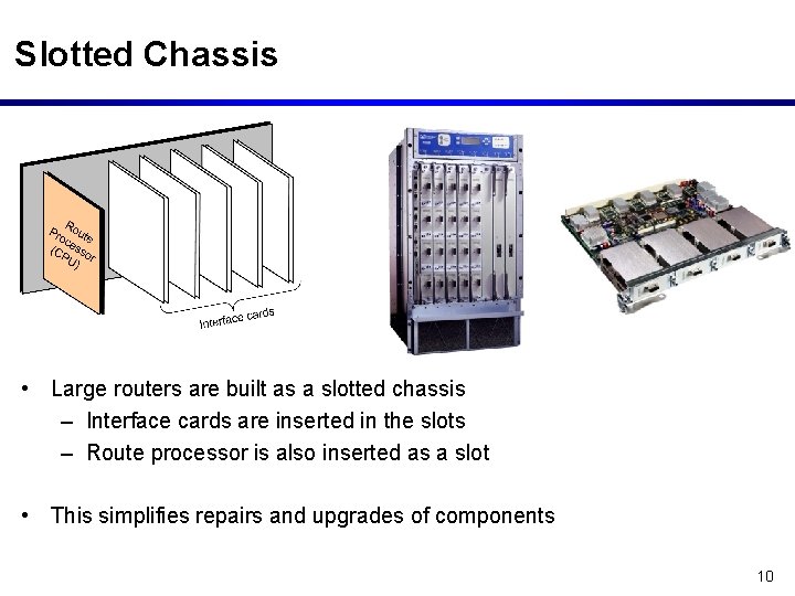 Slotted Chassis • Large routers are built as a slotted chassis – Interface cards